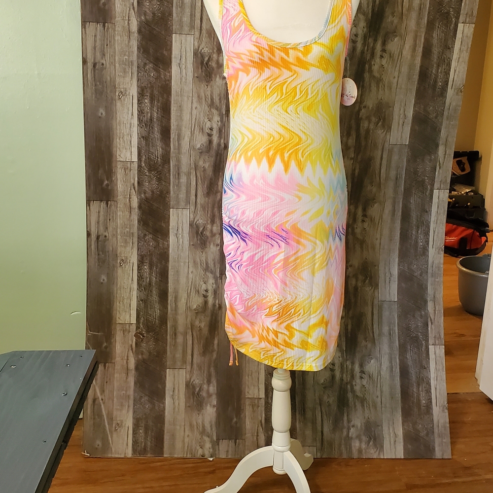 Yellow and Pink Sleeveless Bodycon Mini Dress